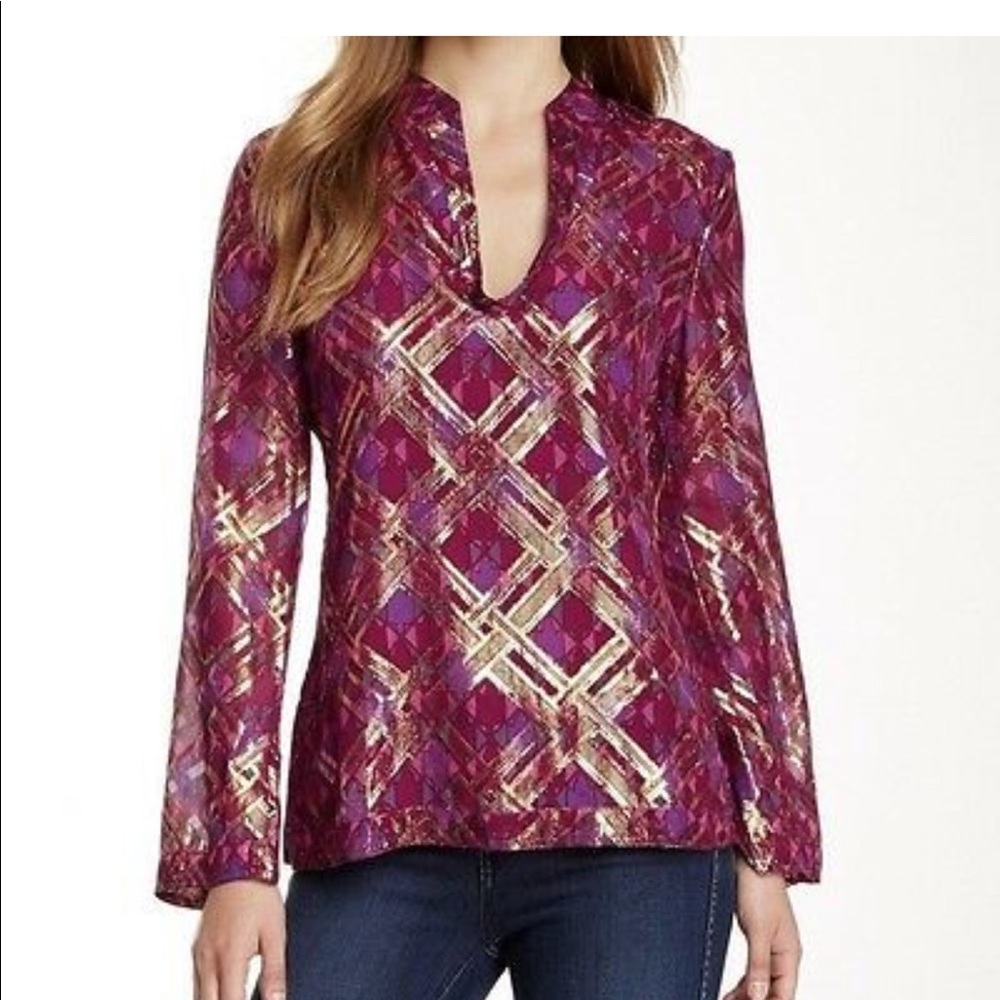 Tory Burch Lame Plaid Silk Chiffon Tunic